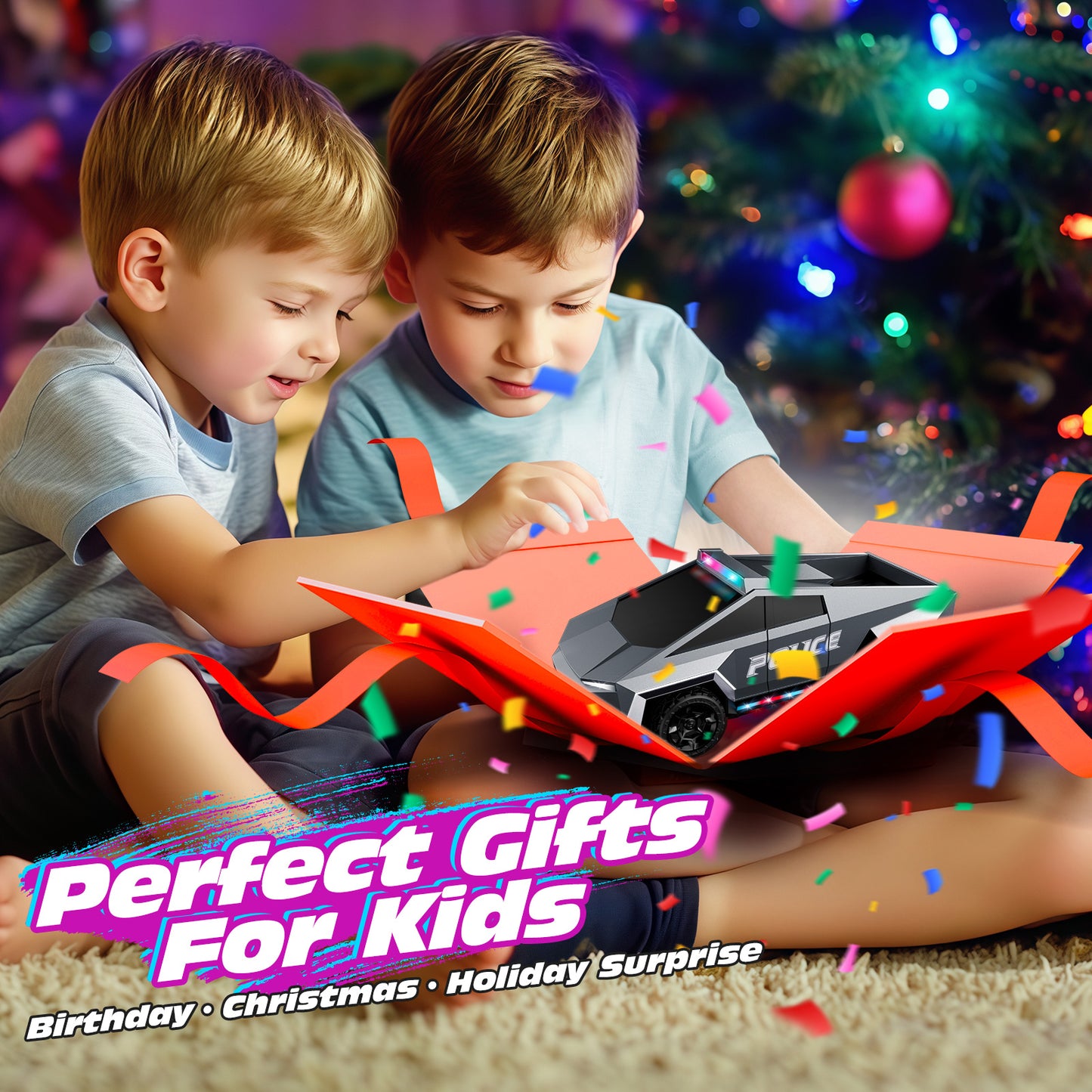 Tecnock RC Truck for Kids, 1:18 Scale Police Remote Control Truck with LED Lights, 2 Rechargeable Batteries, 2.4GHz All-Terrain RC Car, Toys Gift for Boys Girls Aged 3-8, 8-12