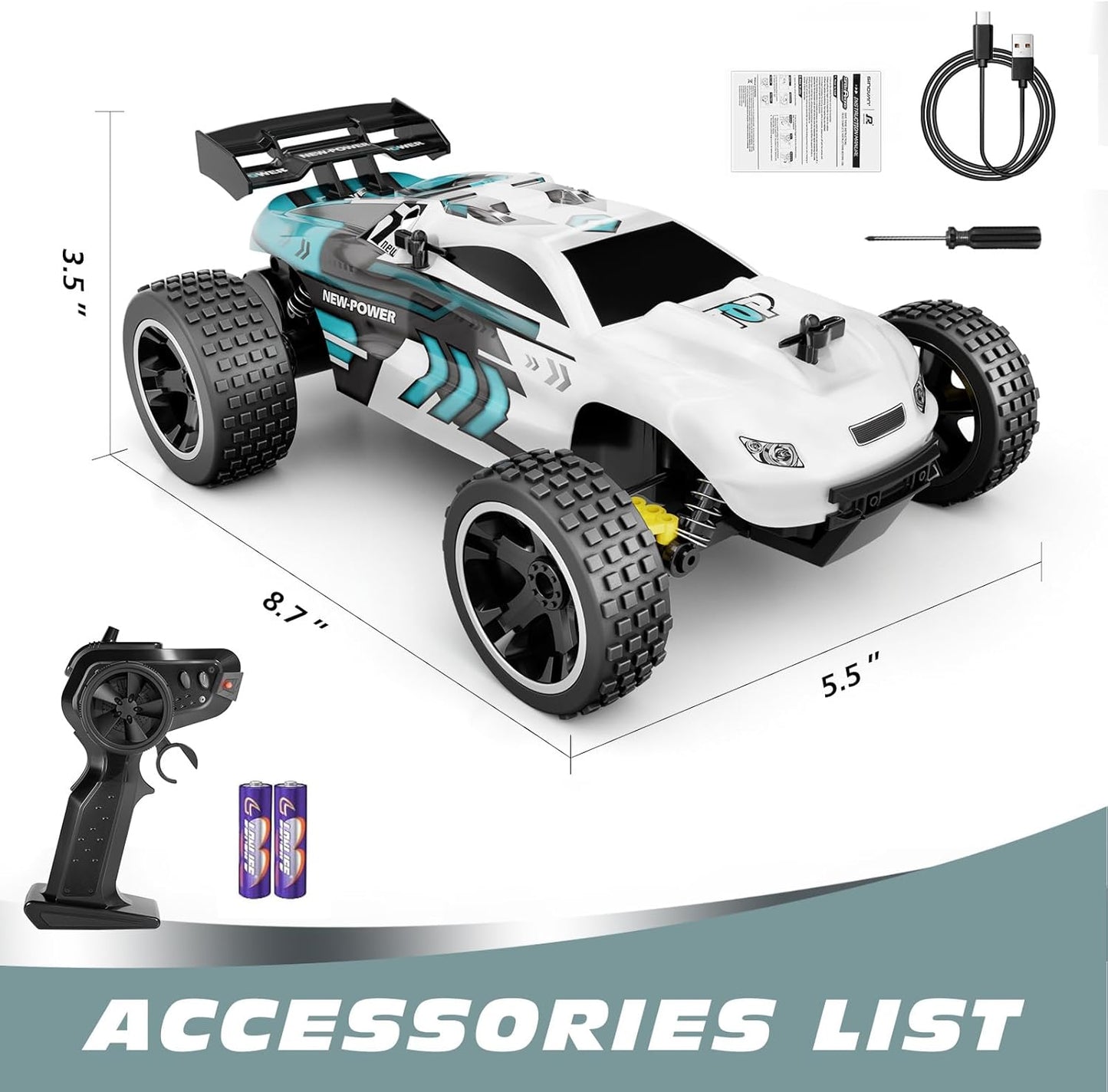 Tecnock RC Racing Car, 2.4GHz High Speed Remote Control Car, 1:18 2WD Toy Cars Buggy for Boys & Girls with Two Rechargeable Batteries for Car, Gifts for Kids