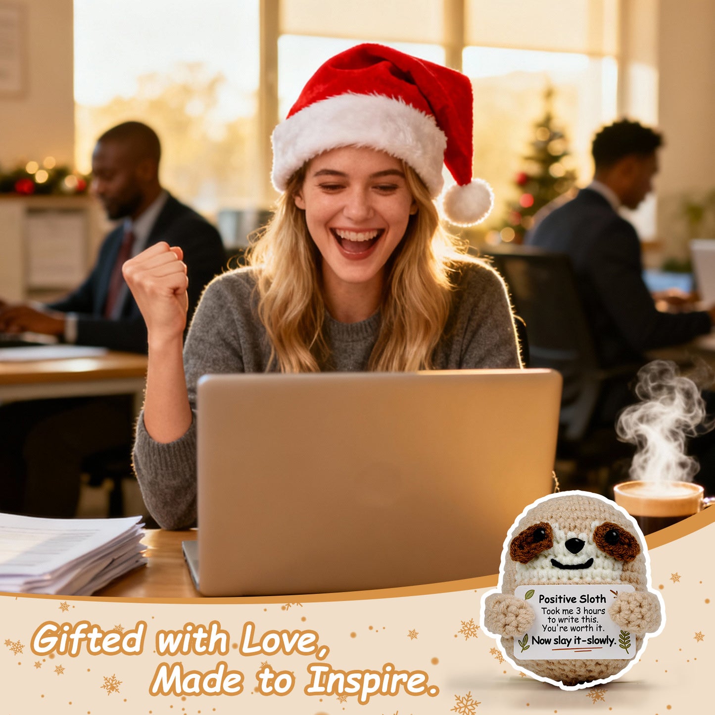 Reenovan Positive Sloth Christmas Birthday Gifts for Women Men, Handmade Crochet Animals with Positive Message, Inspirational Emotional Home Decor Gift for Mom Dad Son Sister Friend Coworker Colleague