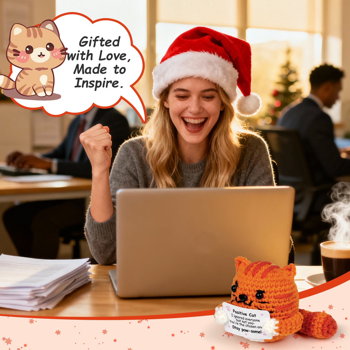 Reenovan Positive Cat Christmas Birthday Gifts for Women Men, Handmade Crochet Animals with Positive Message, Inspirational Emotional Home Decor Gift for Cat Lovers Mom Dad Sister Friend Coworker Colleague