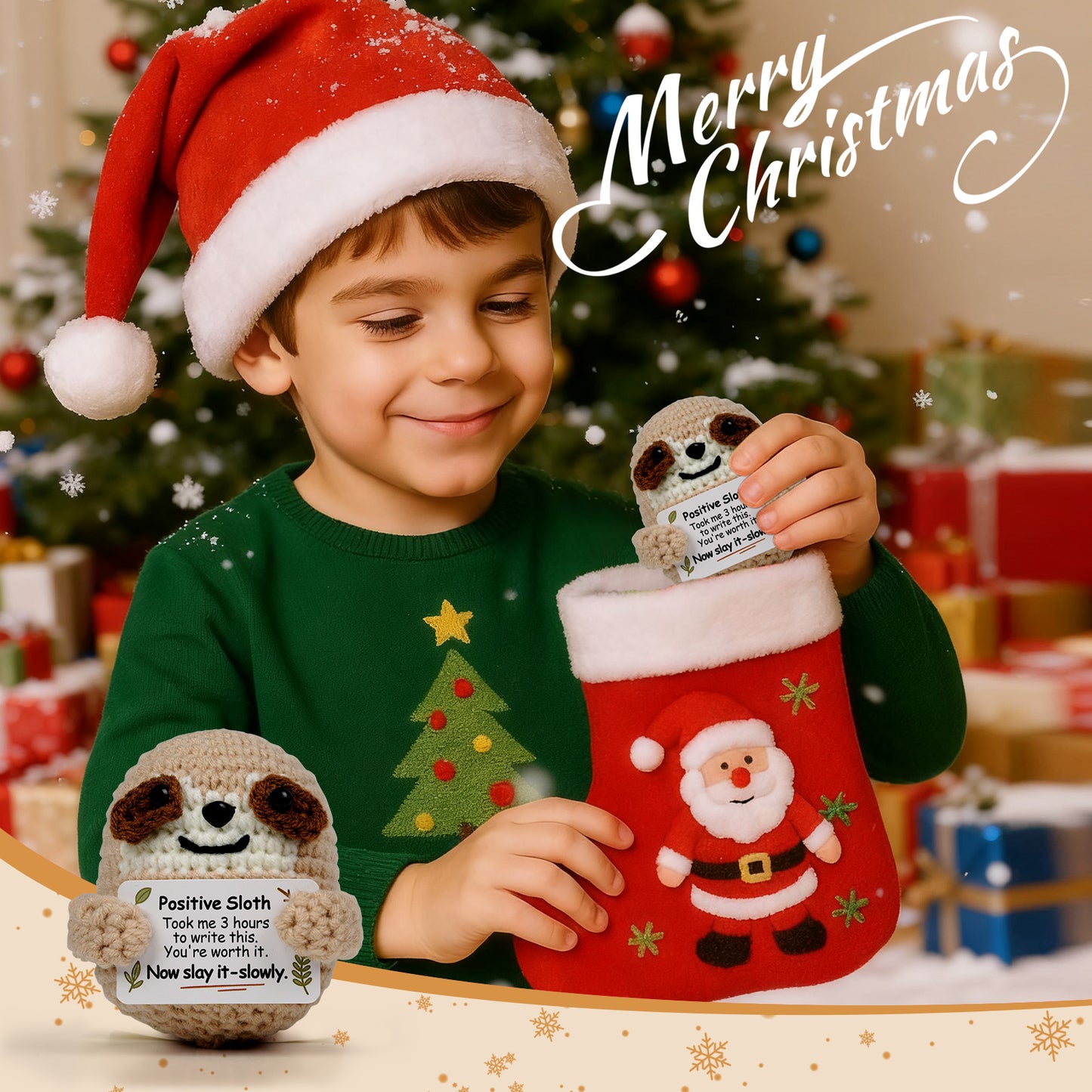 Reenovan Positive Sloth Christmas Birthday Gifts for Women Men, Handmade Crochet Animals with Positive Message, Inspirational Emotional Home Decor Gift for Mom Dad Son Sister Friend Coworker Colleague