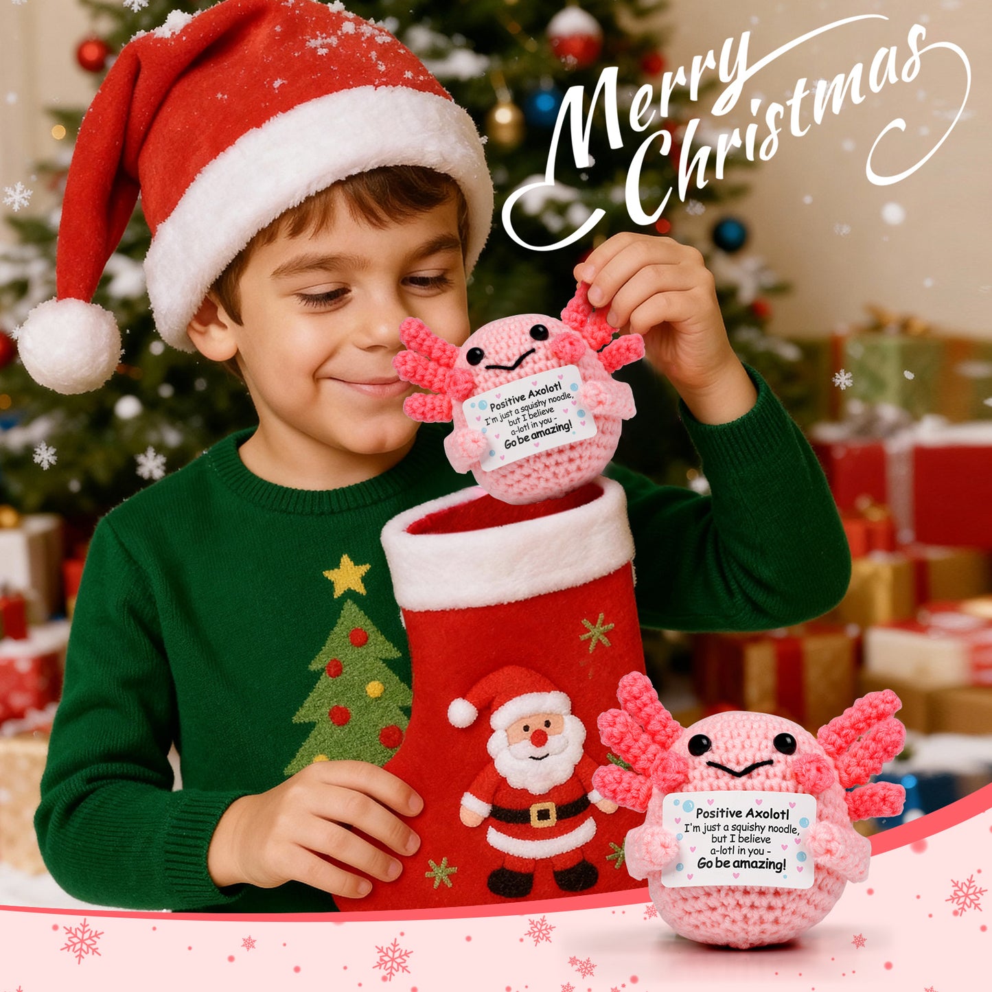 Reenovan Positive Axolotl Christmas Birthday Gifts for Women Men, Handmade Crochet Animals with Positive Message, Inspirational Emotional Home Decor Gift for Mom Dad Son Sister Friend Coworker Colleague