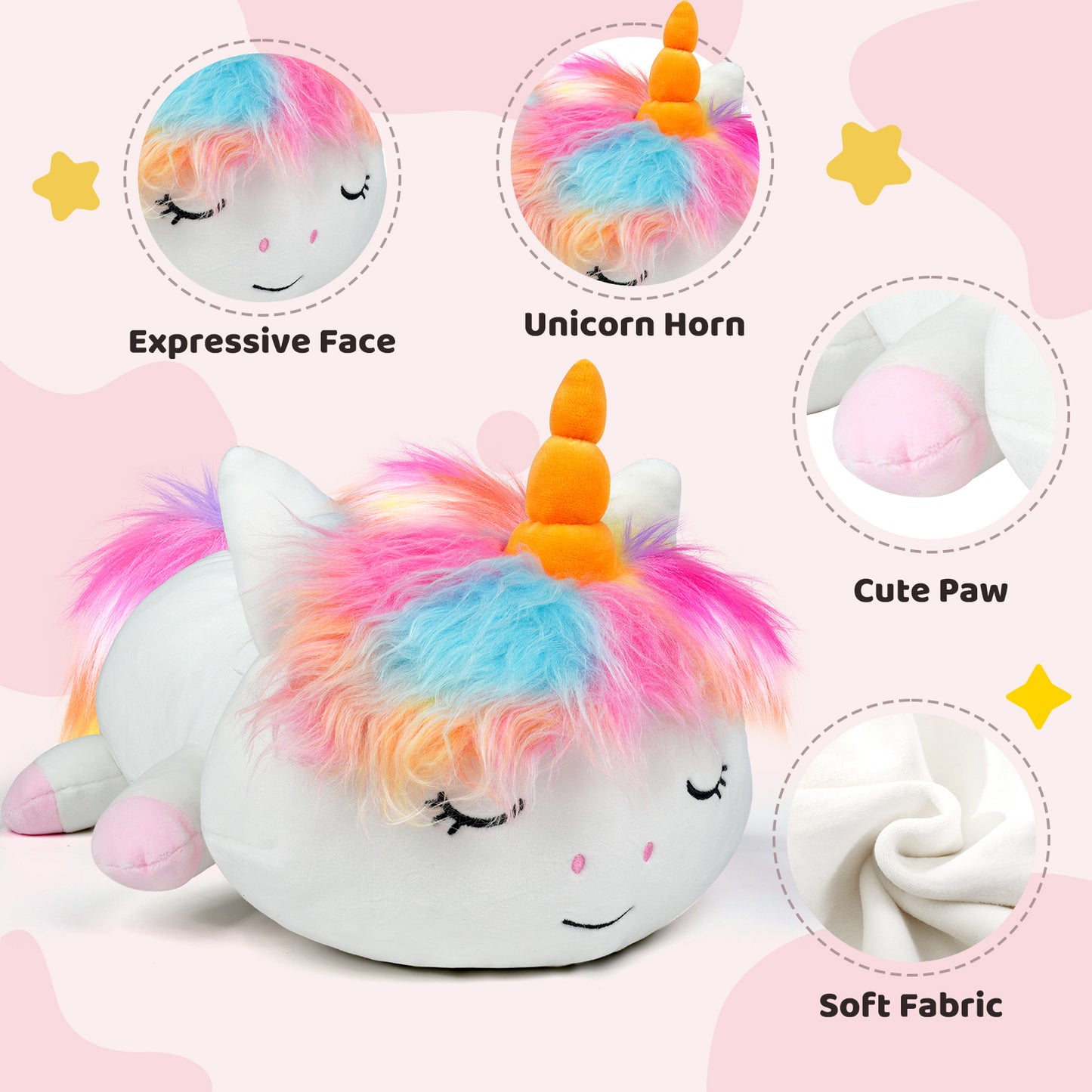 Puffpals Weighted Plush, Pink Weighted Stuffed Unicorn with Beads, Cute Stuffed Animal for Girls, Soft Sensory Plush Pillow Toy, Birthdays for Kids Adults (14in, 1.7lbs)