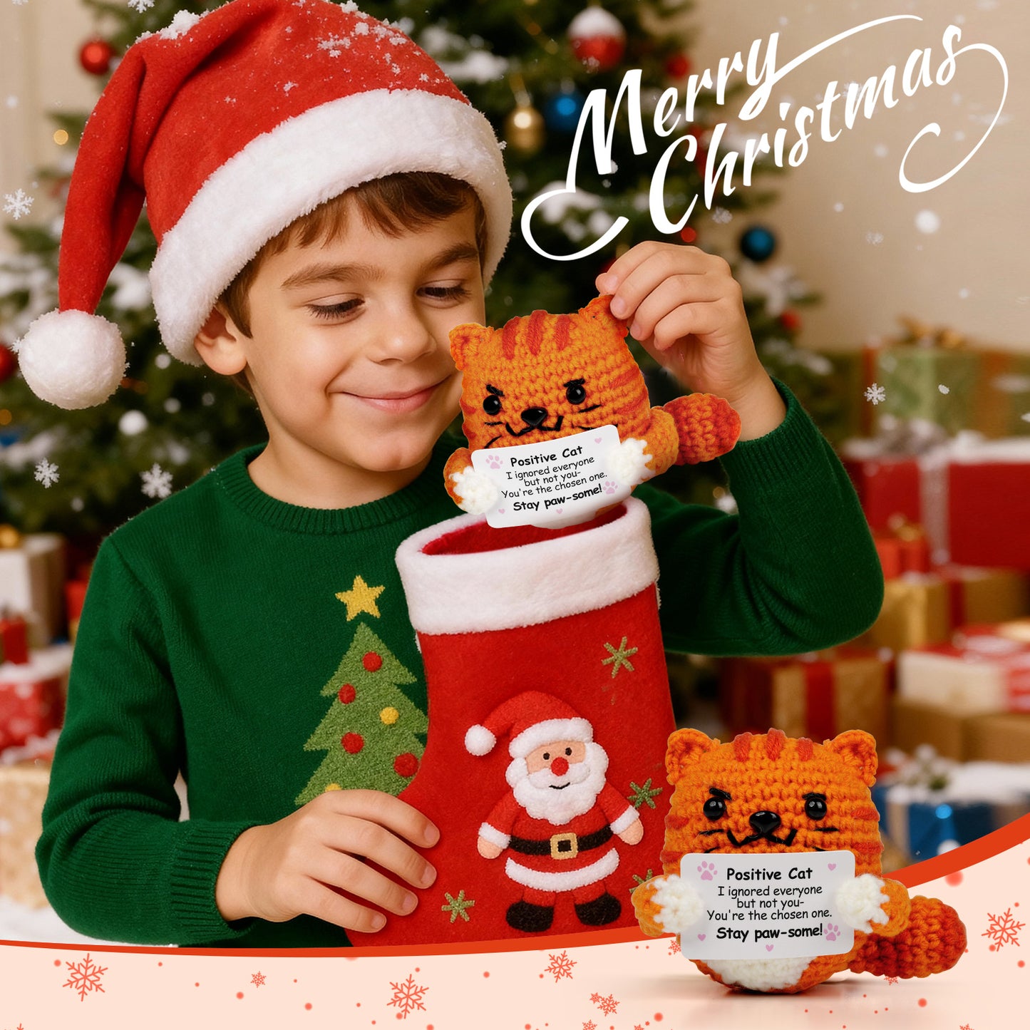 Reenovan Positive Cat Christmas Birthday Gifts for Women Men, Handmade Crochet Animals with Positive Message, Inspirational Emotional Home Decor Gift for Cat Lovers Mom Dad Sister Friend Coworker Colleague