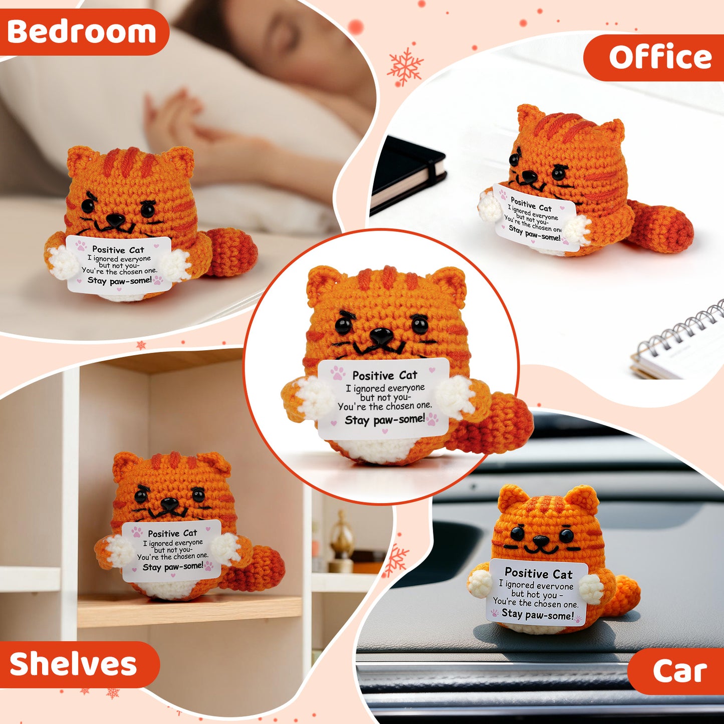 Reenovan Positive Cat Christmas Birthday Gifts for Women Men, Handmade Crochet Animals with Positive Message, Inspirational Emotional Home Decor Gift for Cat Lovers Mom Dad Sister Friend Coworker Colleague