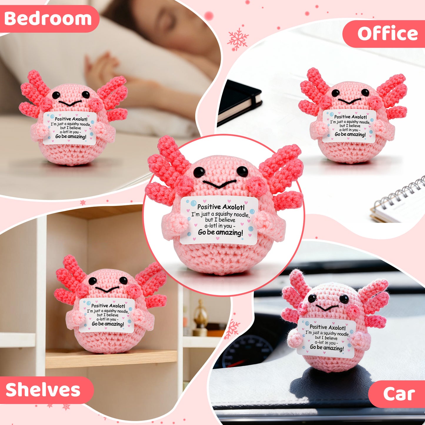 Reenovan Positive Axolotl Christmas Birthday Gifts for Women Men, Handmade Crochet Animals with Positive Message, Inspirational Emotional Home Decor Gift for Mom Dad Son Sister Friend Coworker Colleague