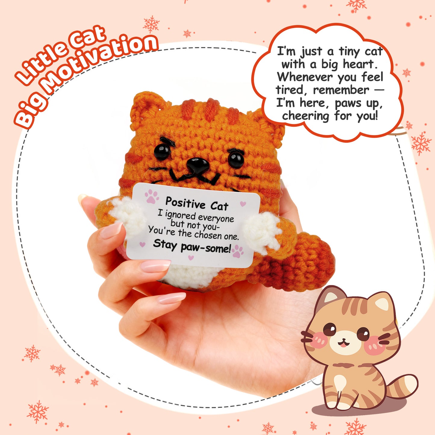 Reenovan Positive Cat Christmas Birthday Gifts for Women Men, Handmade Crochet Animals with Positive Message, Inspirational Emotional Home Decor Gift for Cat Lovers Mom Dad Sister Friend Coworker Colleague