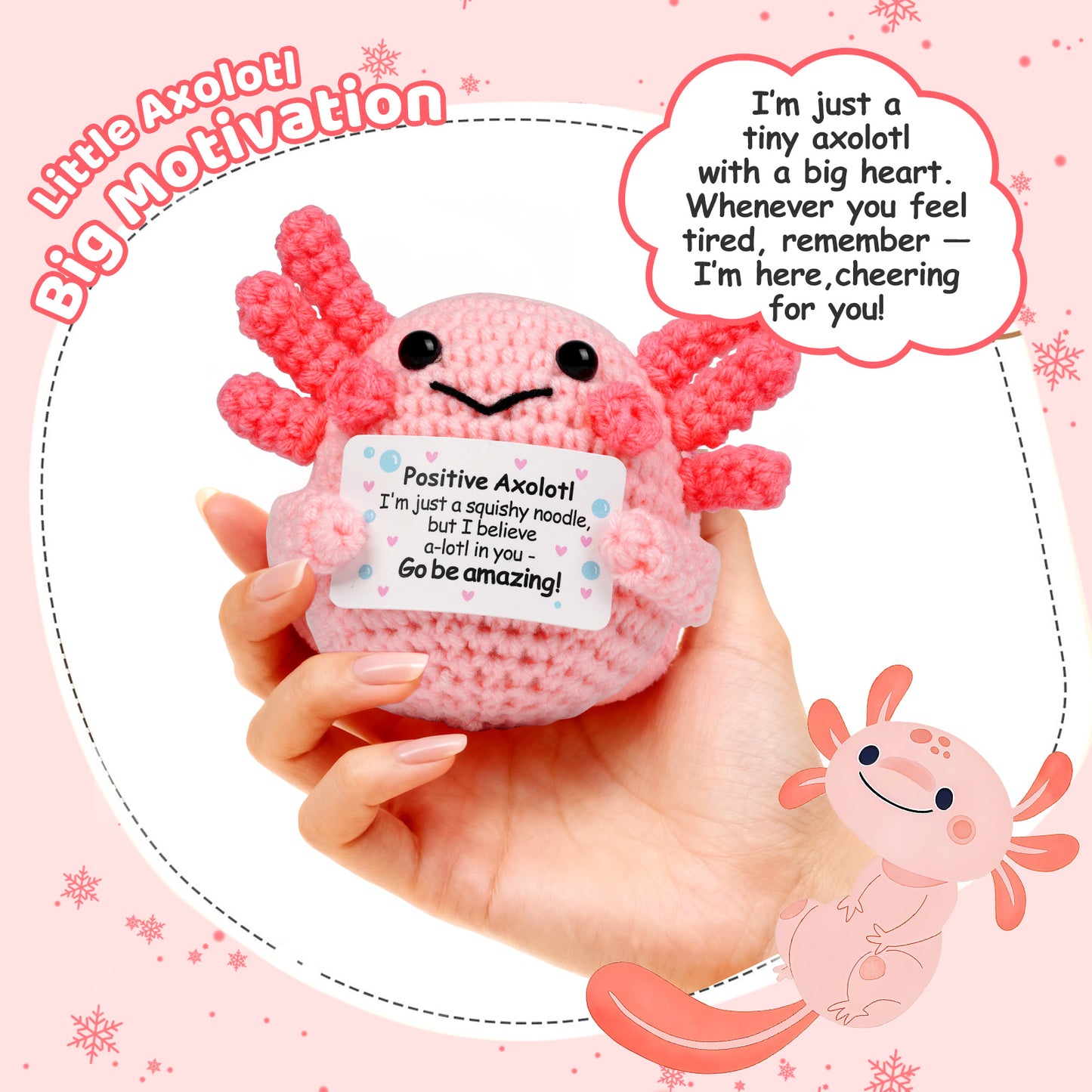 Reenovan Positive Axolotl Christmas Birthday Gifts for Women Men, Handmade Crochet Animals with Positive Message, Inspirational Emotional Home Decor Gift for Mom Dad Son Sister Friend Coworker Colleague