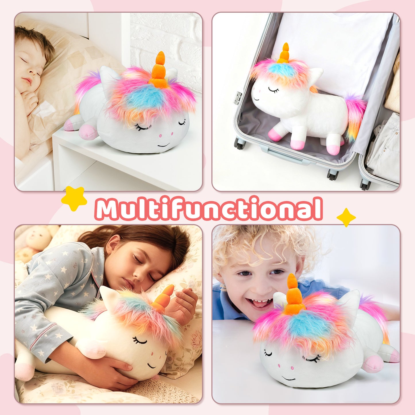 Puffpals Weighted Plush, Pink Weighted Stuffed Unicorn with Beads, Cute Stuffed Animal for Girls, Soft Sensory Plush Pillow Toy, Birthdays for Kids Adults (14in, 1.7lbs)