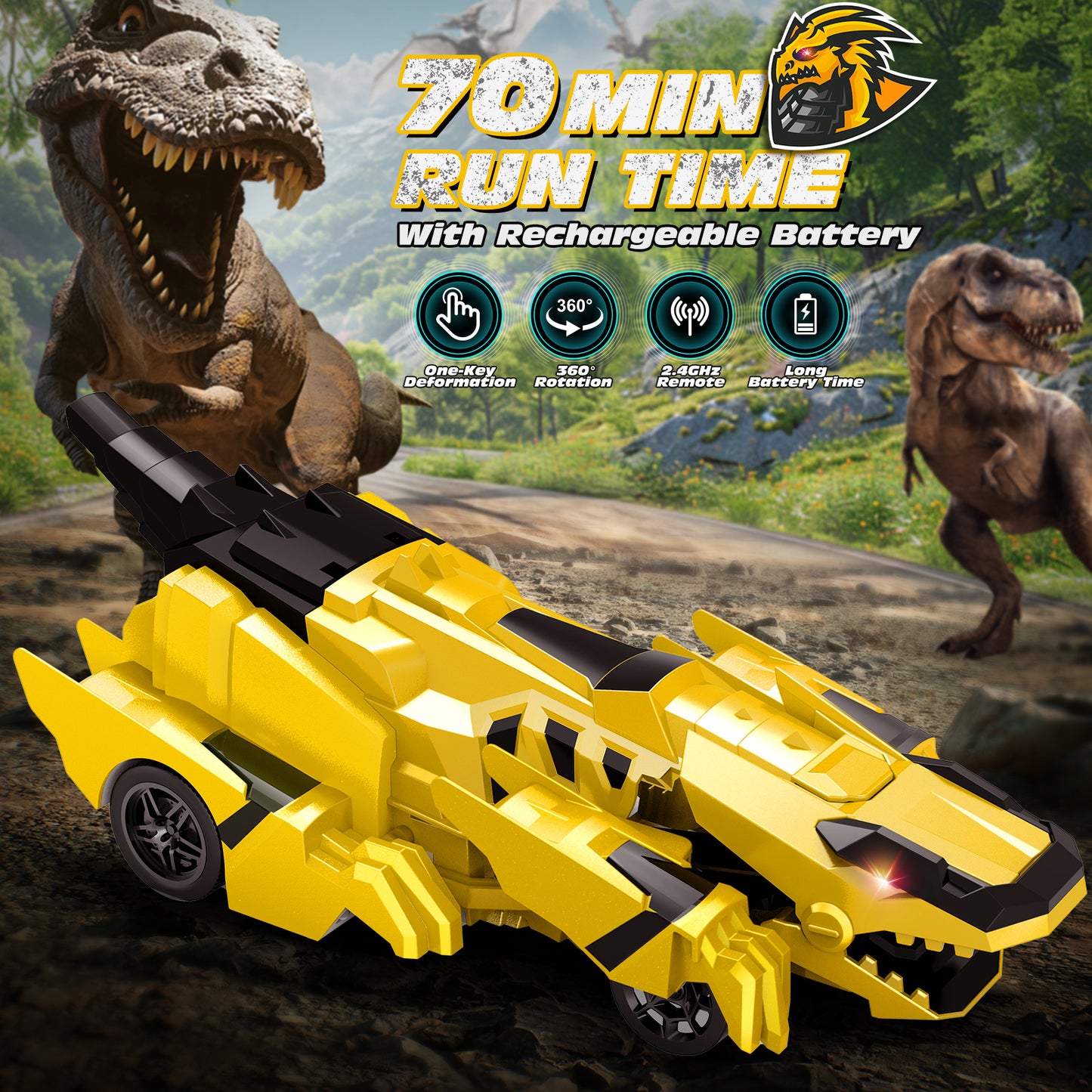 Tecnock Remote Control Car, Transform Dinosaur Toys Car Robot with One-Button Transformation, Rechargeable Battery for 70-Min Play, Gift for Boys & Girls Ages 4-7 8-12