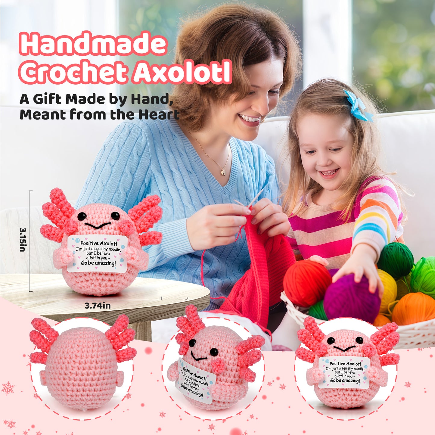 Reenovan Positive Axolotl Christmas Birthday Gifts for Women Men, Handmade Crochet Animals with Positive Message, Inspirational Emotional Home Decor Gift for Mom Dad Son Sister Friend Coworker Colleague