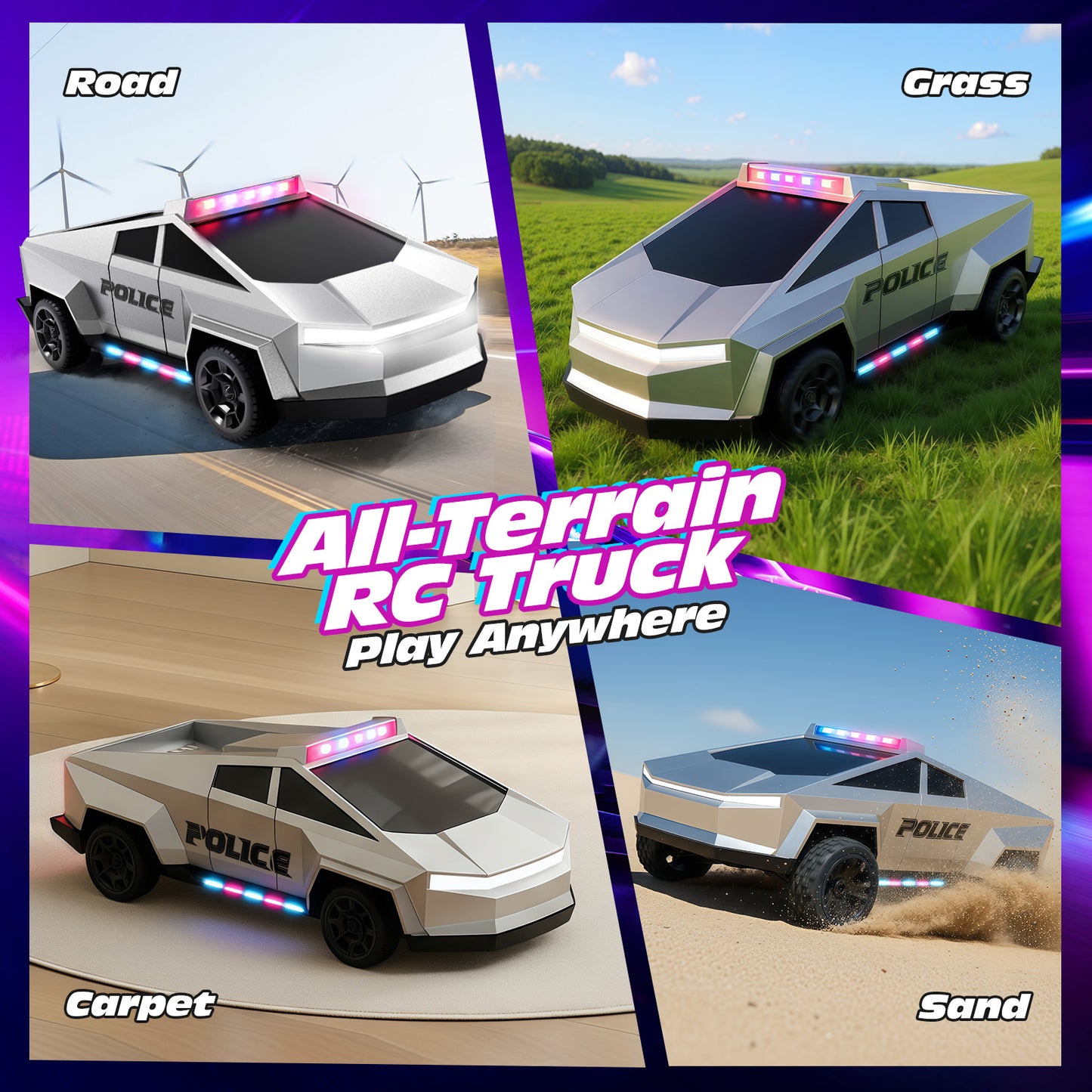 Tecnock RC Truck for Kids, 1:18 Scale Police Remote Control Truck with LED Lights, 2 Rechargeable Batteries, 2.4GHz All-Terrain RC Car, Toys Gift for Boys Girls Aged 3-8, 8-12