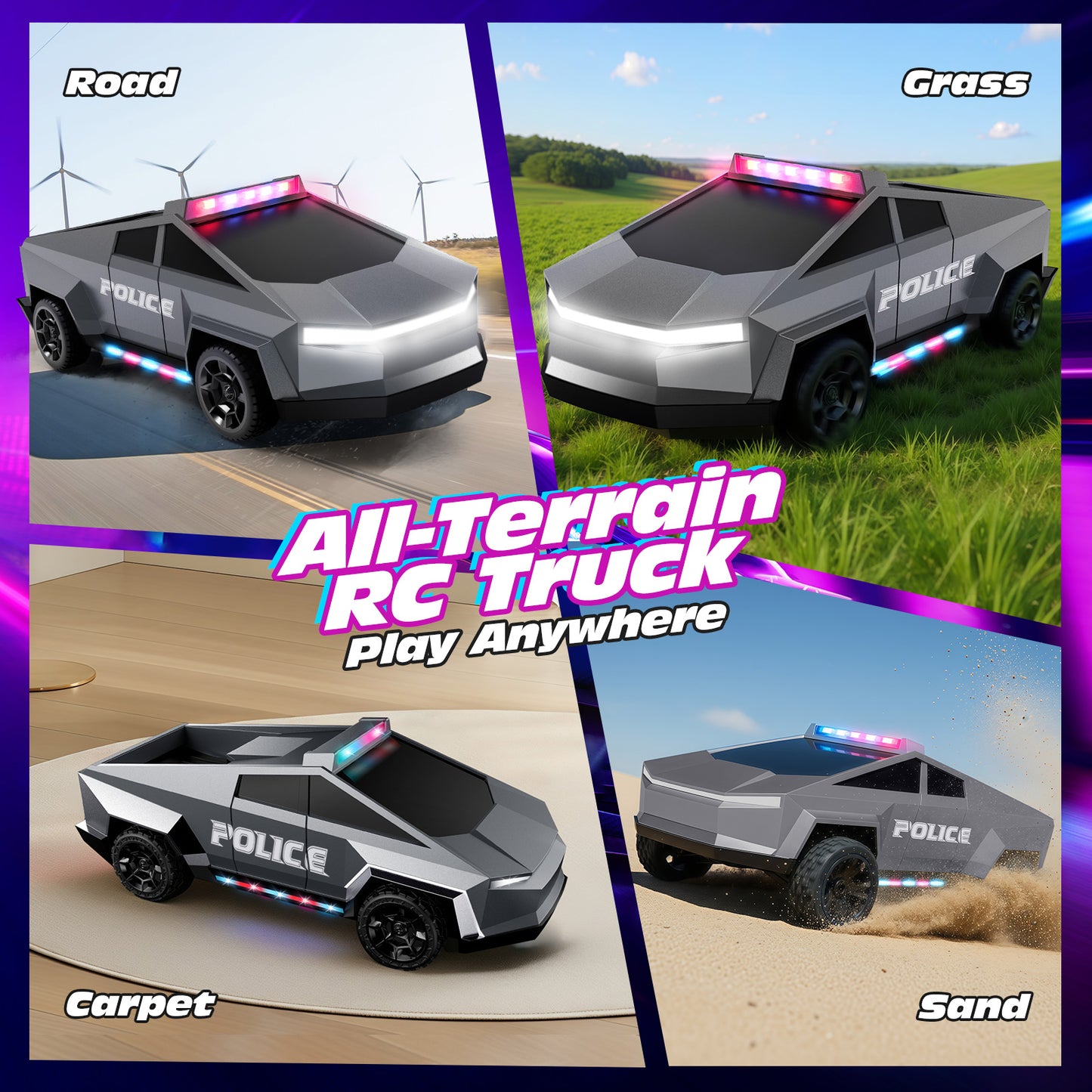 Tecnock RC Truck for Kids, 1:18 Scale Police Remote Control Truck with LED Lights, 2 Rechargeable Batteries, 2.4GHz All-Terrain RC Car, Toys Gift for Boys Girls Aged 3-8, 8-12