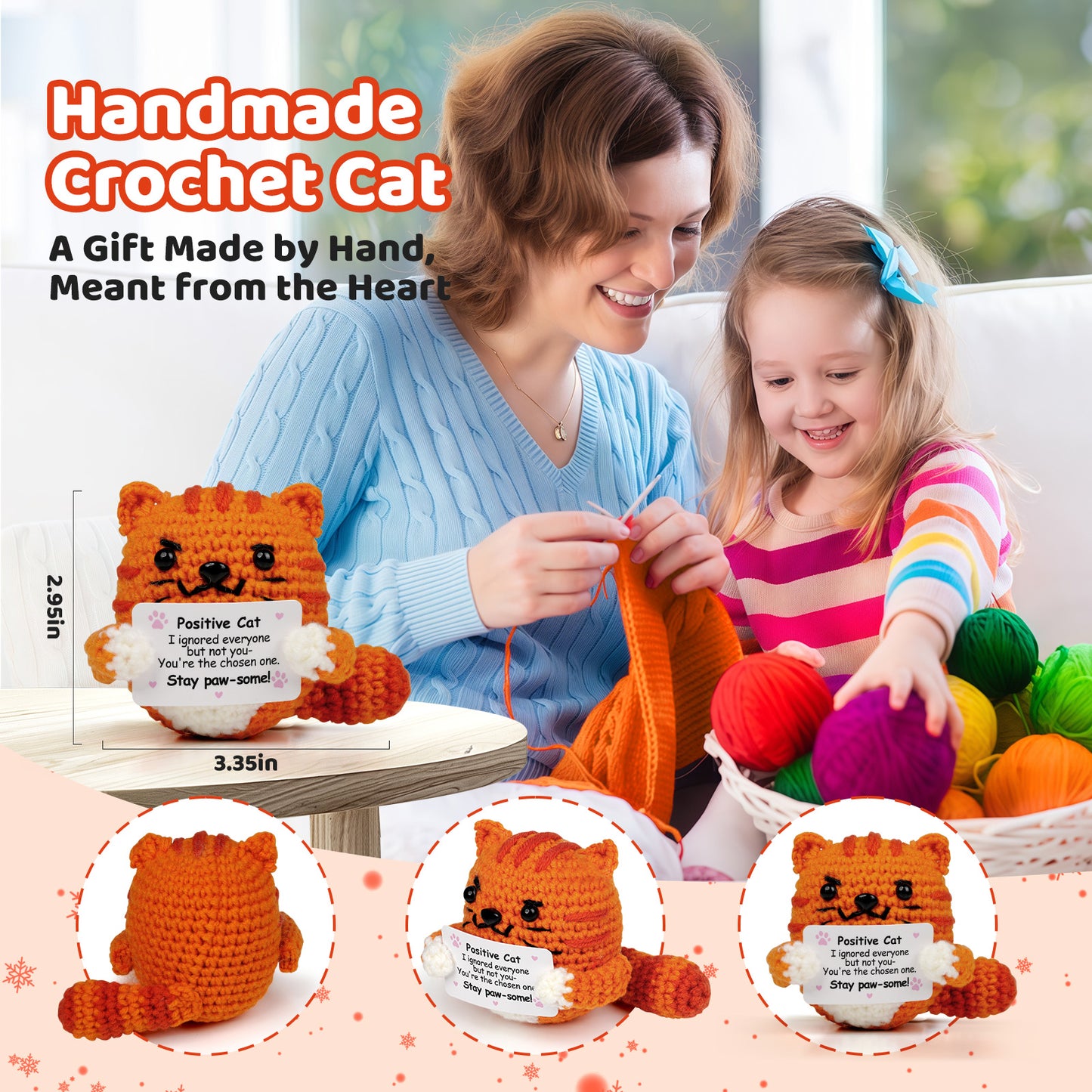 Reenovan Positive Cat Christmas Birthday Gifts for Women Men, Handmade Crochet Animals with Positive Message, Inspirational Emotional Home Decor Gift for Cat Lovers Mom Dad Sister Friend Coworker Colleague