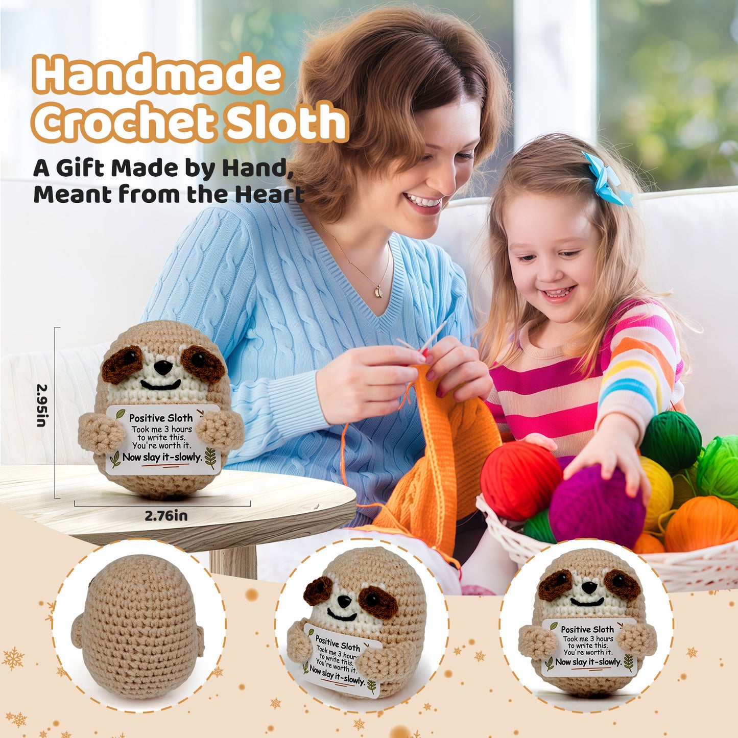 Reenovan Positive Sloth Christmas Birthday Gifts for Women Men, Handmade Crochet Animals with Positive Message, Inspirational Emotional Home Decor Gift for Mom Dad Son Sister Friend Coworker Colleague