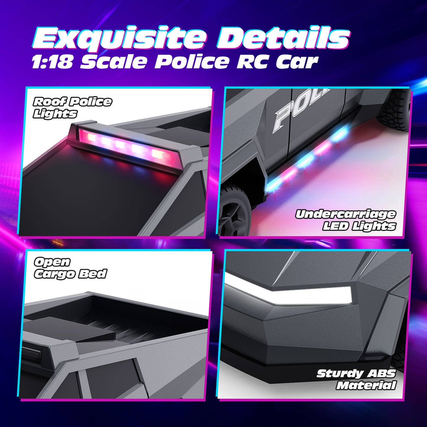 Tecnock RC Truck for Kids, 1:18 Scale Police Remote Control Truck with LED Lights, 2 Rechargeable Batteries, 2.4GHz All-Terrain RC Car, Toys Gift for Boys Girls Aged 3-8, 8-12