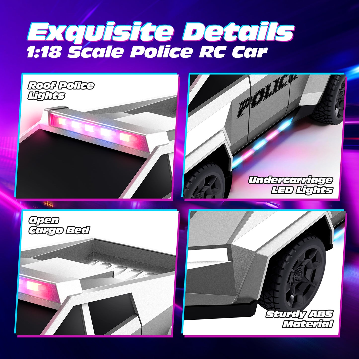 Tecnock RC Truck for Kids, 1:18 Scale Police Remote Control Truck with LED Lights, 2 Rechargeable Batteries, 2.4GHz All-Terrain RC Car, Toys Gift for Boys Girls Aged 3-8, 8-12