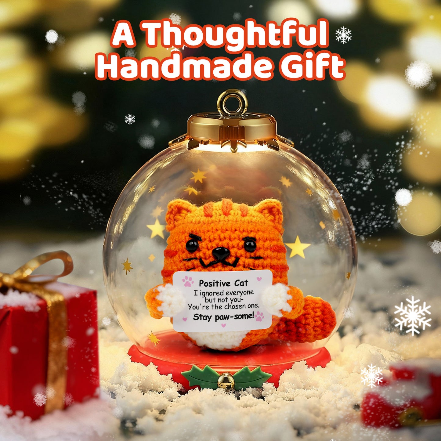 Reenovan Positive Cat Christmas Birthday Gifts for Women Men, Handmade Crochet Animals with Positive Message, Inspirational Emotional Home Decor Gift for Cat Lovers Mom Dad Sister Friend Coworker Colleague