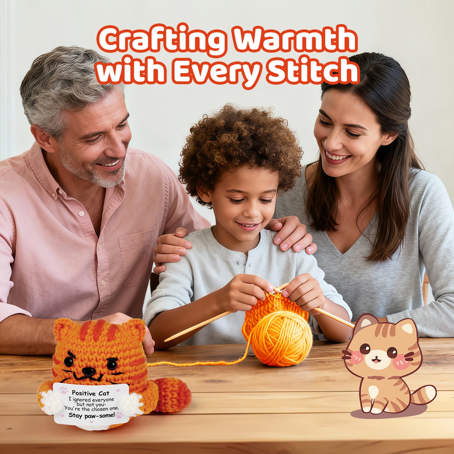 Reenovan Positive Cat Christmas Birthday Gifts for Women Men, Handmade Crochet Animals with Positive Message, Inspirational Emotional Home Decor Gift for Cat Lovers Mom Dad Sister Friend Coworker Colleague