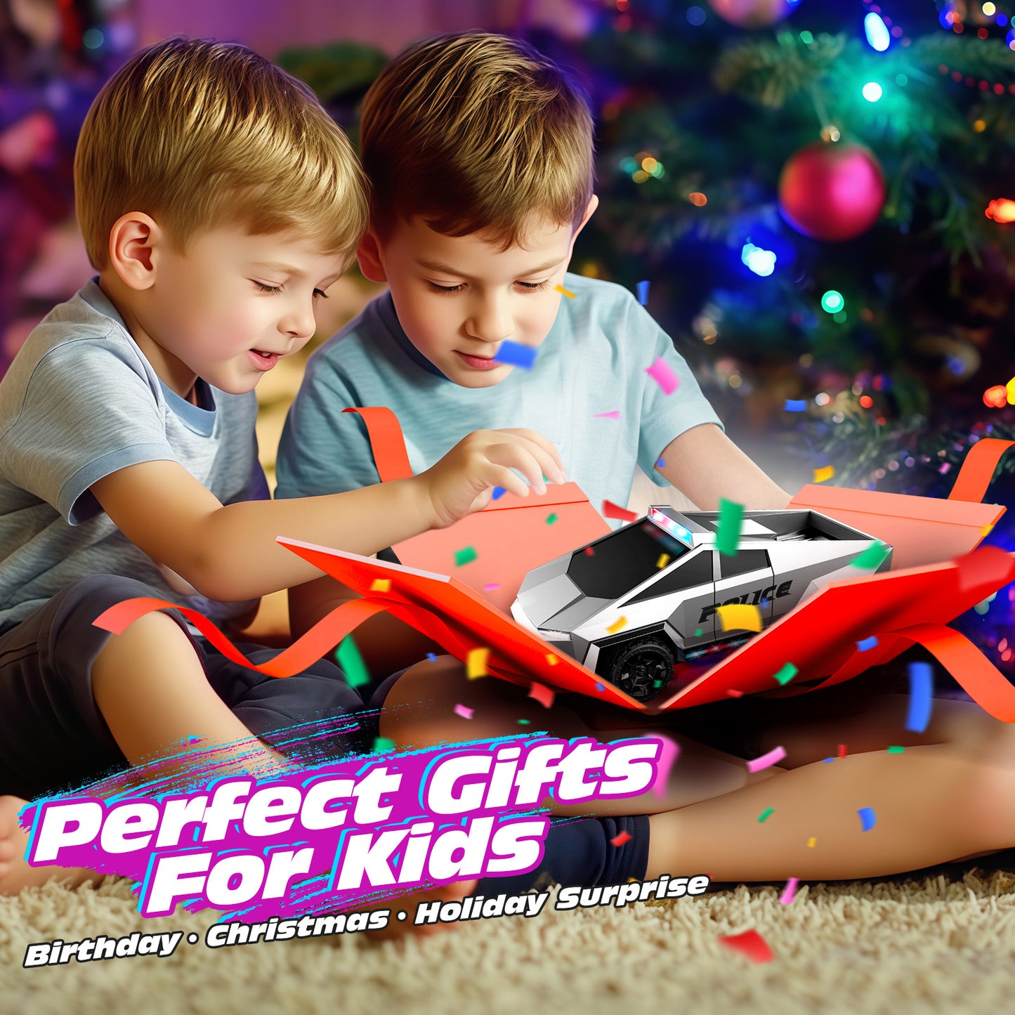 Tecnock RC Truck for Kids, 1:18 Scale Police Remote Control Truck with LED Lights, 2 Rechargeable Batteries, 2.4GHz All-Terrain RC Car, Toys Gift for Boys Girls Aged 3-8, 8-12