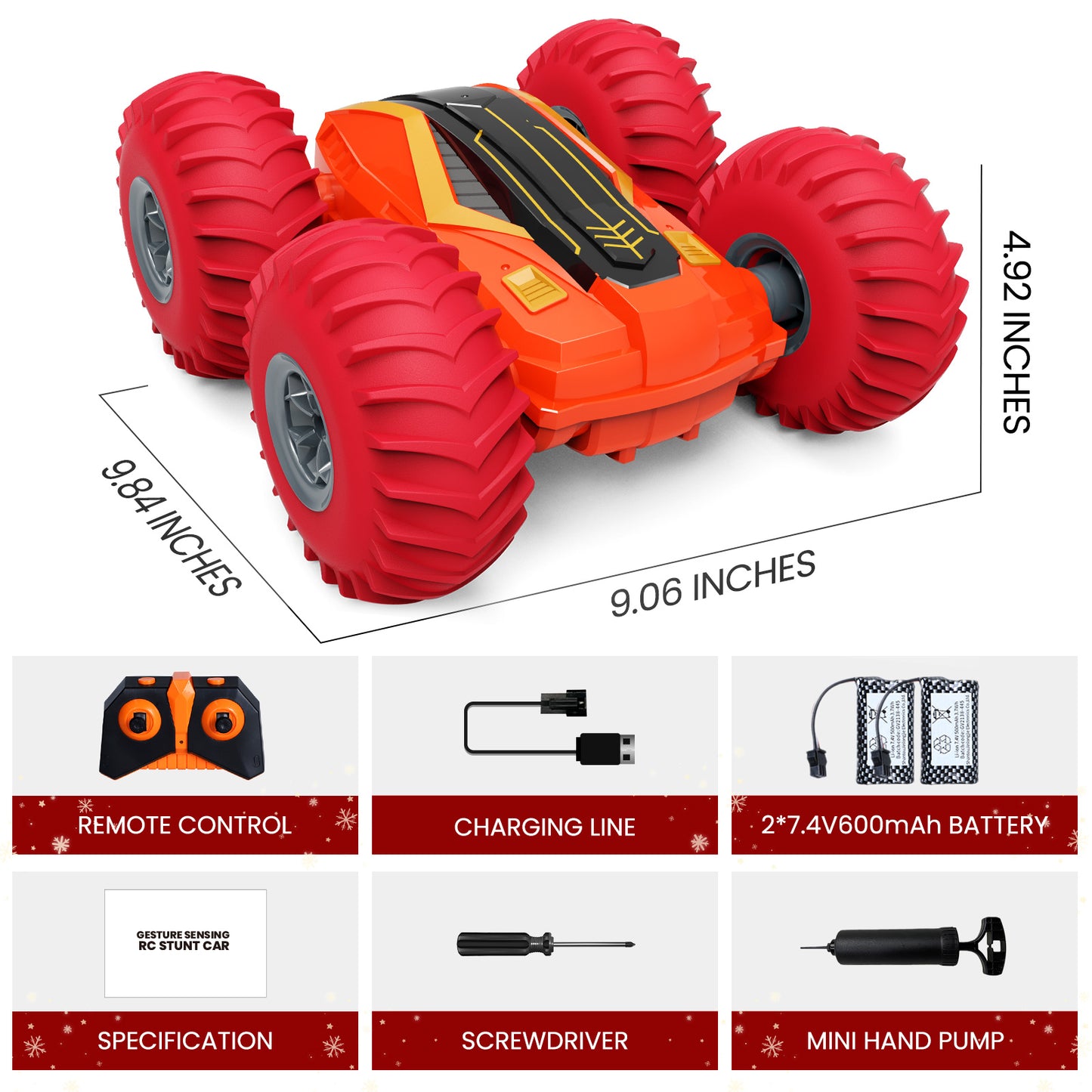 Tecnock Large Remote Control Car for Kids, Bigger Size RC Stunt Car with Inflatable Tires, 2.4GHz RC Car with 40-Min Playtime, Double Sided 360° Rotates and Flips, Toys Gift for Boys and Girls