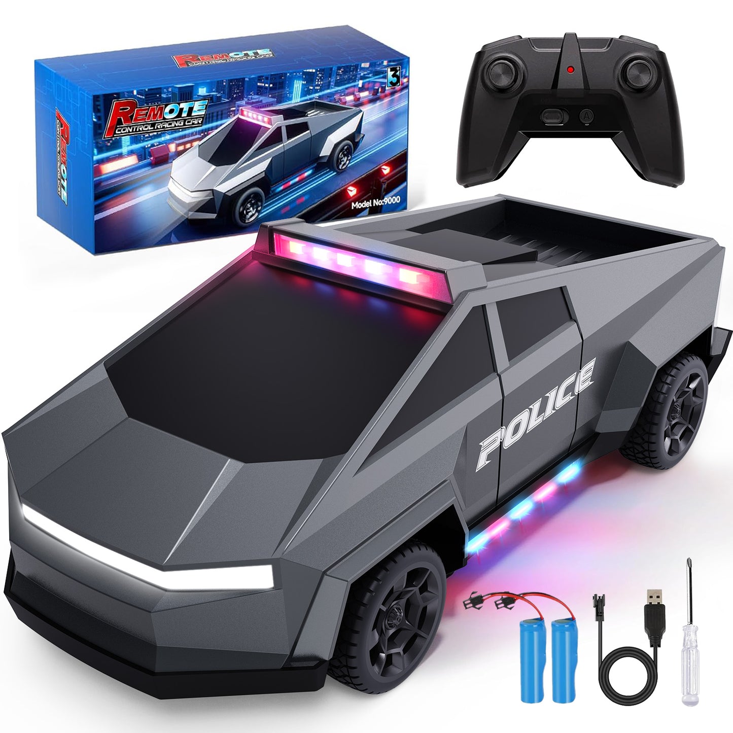 Tecnock RC Truck for Kids, 1:18 Scale Police Remote Control Truck with LED Lights, 2 Rechargeable Batteries, 2.4GHz All-Terrain RC Car, Toys Gift for Boys Girls Aged 3-8, 8-12