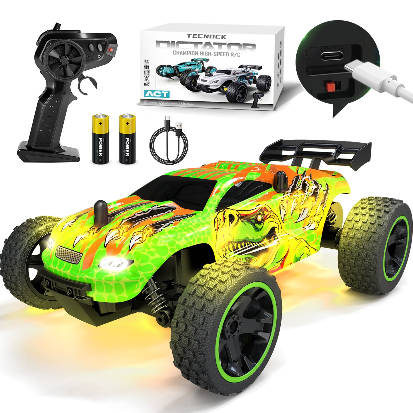 Tecnock RC Truck, 1:18 Scale 2WD Remote Control Truck with USB-C Easy Charging & 50-Min Play, 2.4GHz All-Terrain RC Car with LED Lights, Toys Gift for Kids Ages 8-12 Boys & Girls