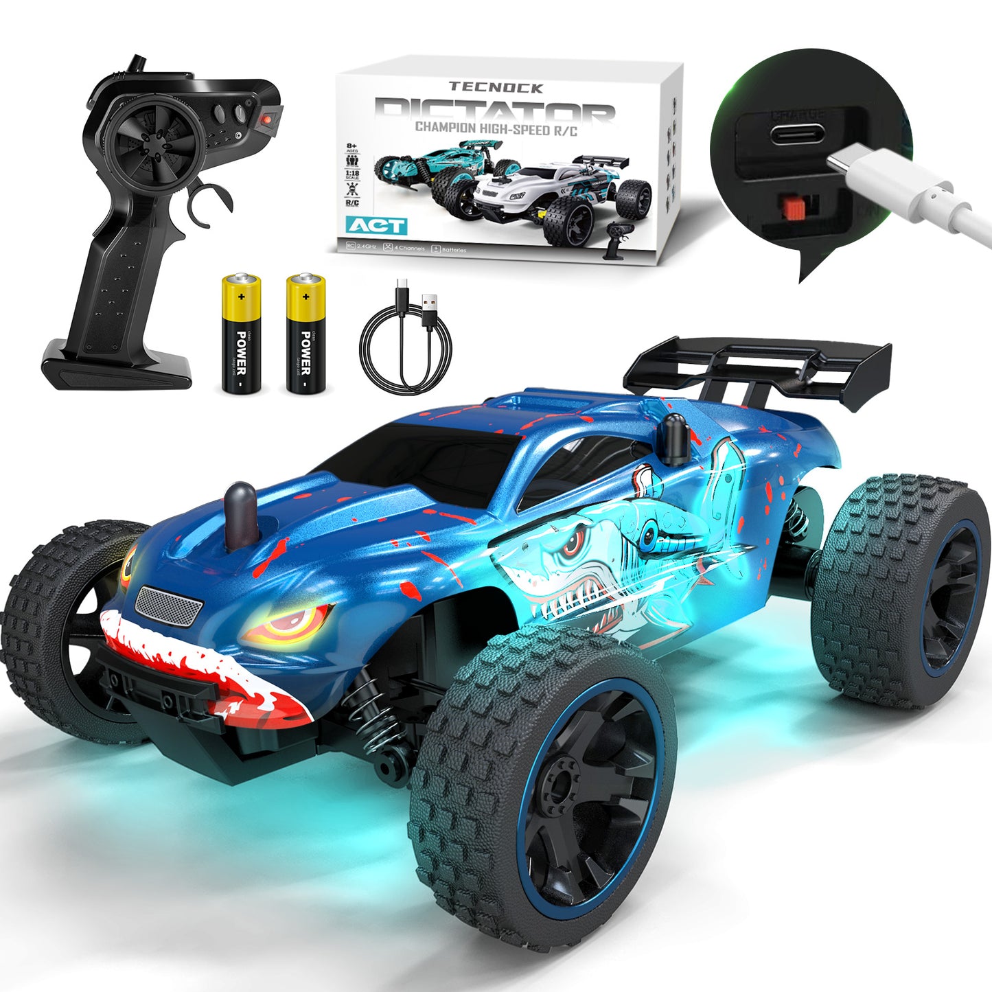 Tecnock RC Truck, 1:18 Scale 2WD Remote Control Truck with USB-C Easy Charging & 50-Min Play, 2.4GHz All-Terrain RC Car with LED Lights, Toys Gift for Kids Ages 8-12 Boys & Girls