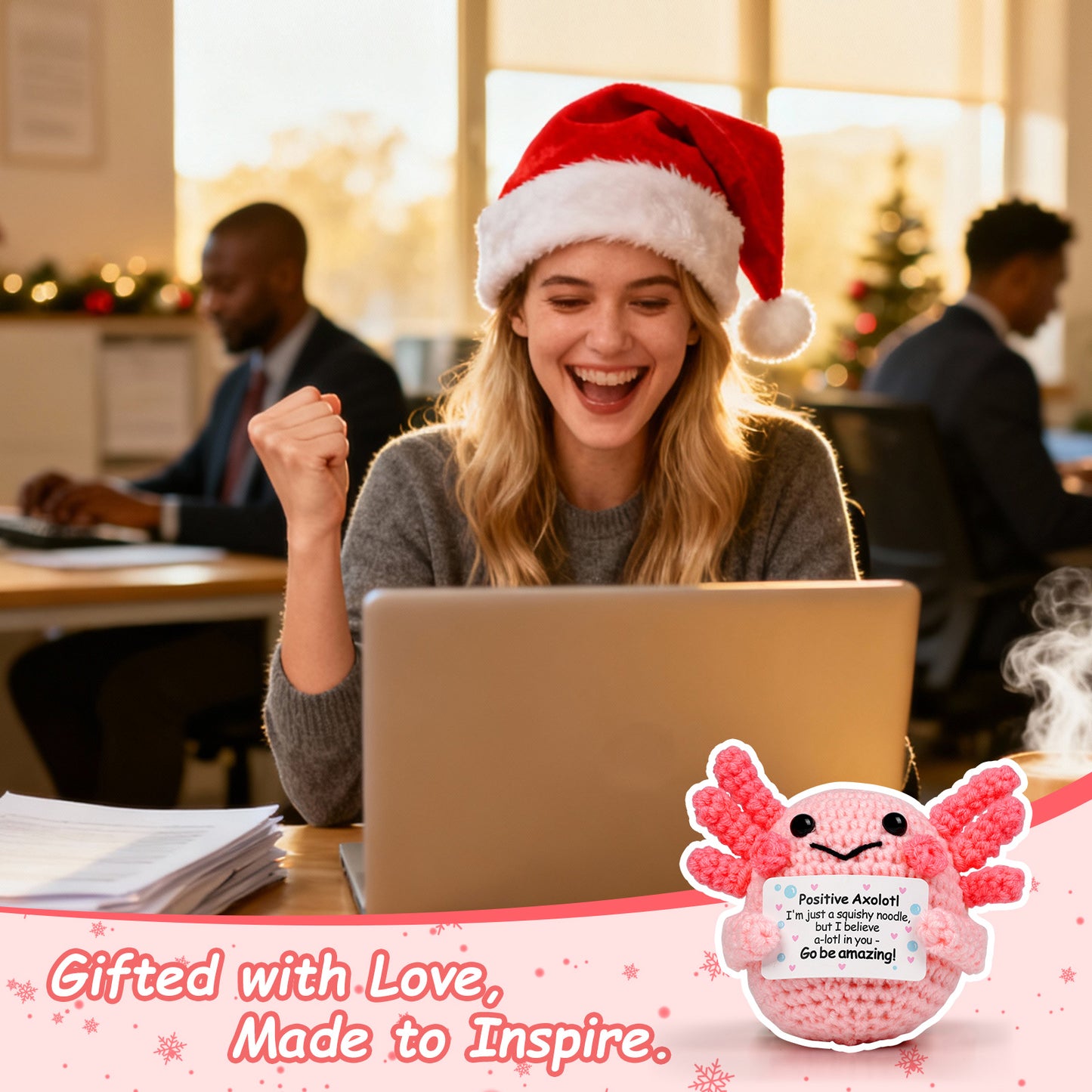 Reenovan Positive Axolotl Christmas Birthday Gifts for Women Men, Handmade Crochet Animals with Positive Message, Inspirational Emotional Home Decor Gift for Mom Dad Son Sister Friend Coworker Colleague