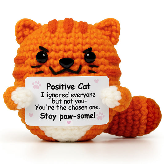 Reenovan Positive Cat Christmas Birthday Gifts for Women Men, Handmade Crochet Animals with Positive Message, Inspirational Emotional Home Decor Gift for Cat Lovers Mom Dad Sister Friend Coworker Colleague
